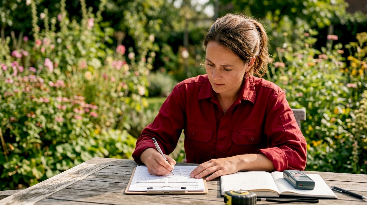 Met een bouwkundig inspectieformulier in de hand worden buiten de gegevens ingevuld.