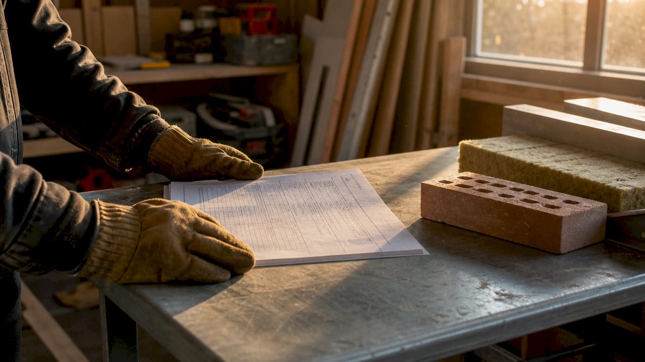 Handen bij bouwmaterialen en een technisch datasheet