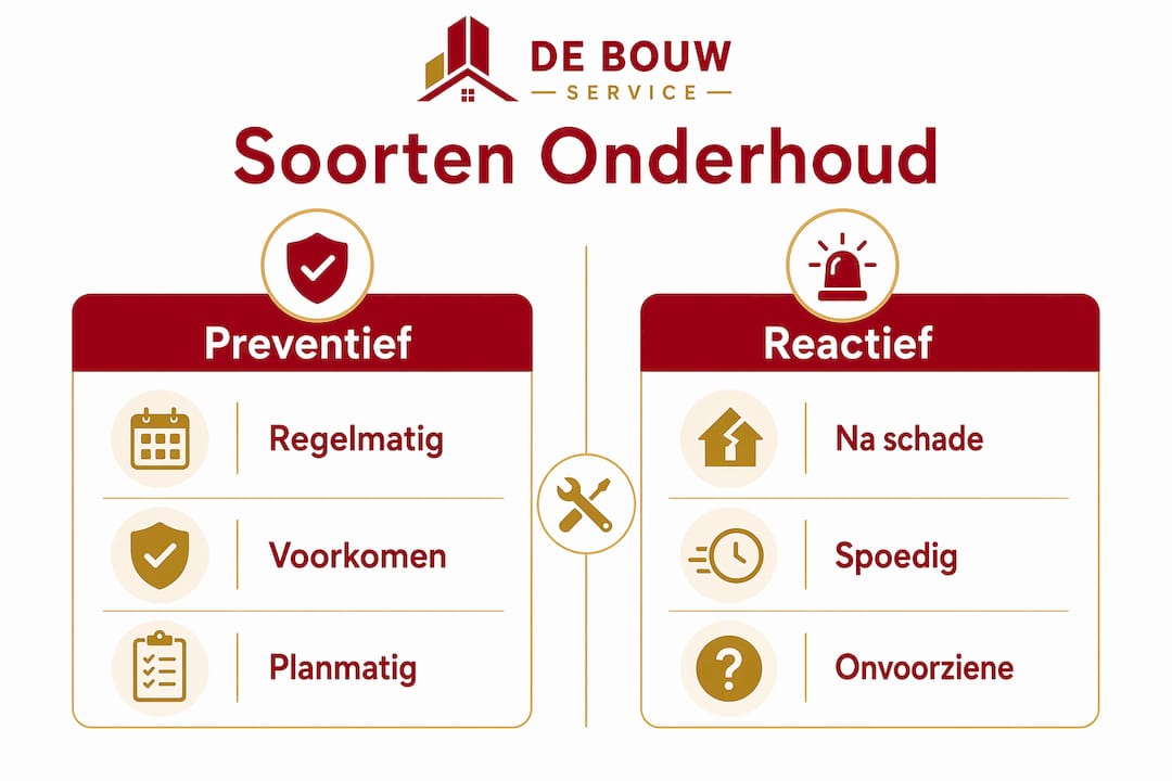 Infographic zet preventief en reactief onderhoud aan vastgoed helder tegenover elkaar