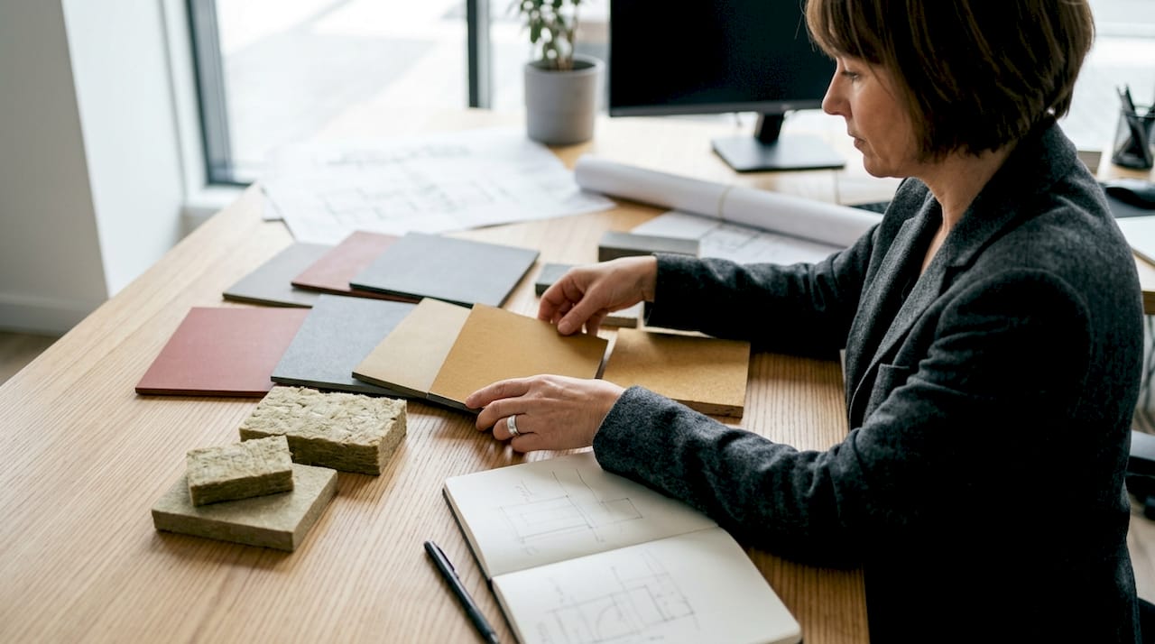Een architect beoordeelt verschillende monsters van bouwmaterialen aan de vergadertafel.