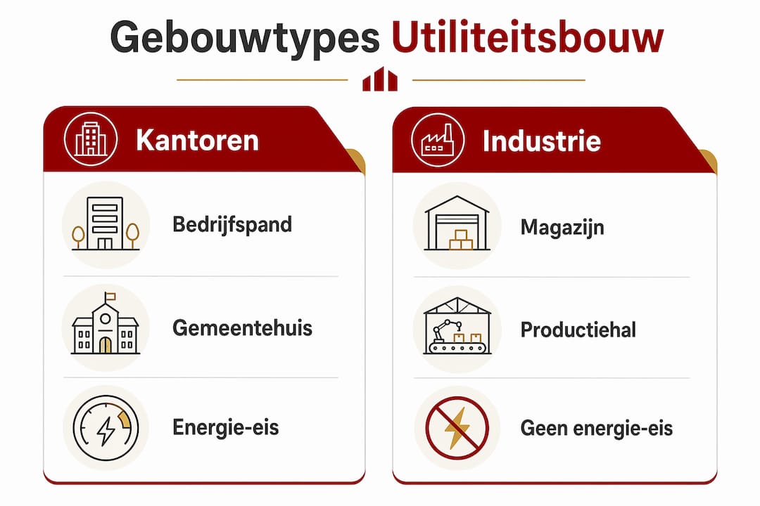 Infographic: overzicht van gebouwsoorten en bijbehorende energie-eisen voor utiliteitsgebouwen