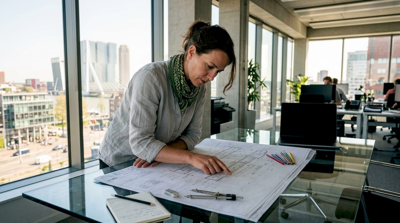 Een ingenieur bekijkt en beoordeelt een technische tekening van een bouwproject.