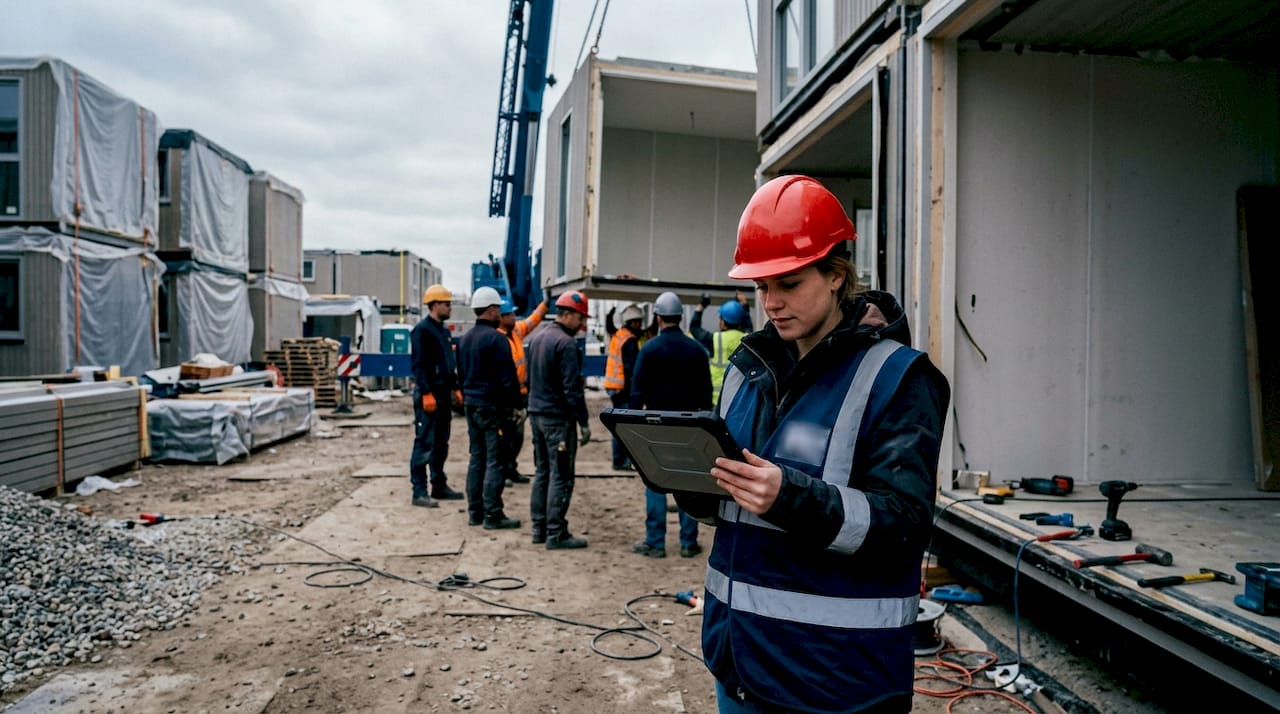 Bouwprojectleider die toezicht houdt op de montage van modulaire woningen