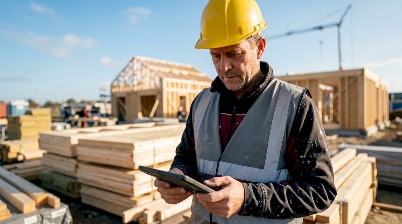Bouwvakker op een prefab bouwplaats aan het werk met een tablet in de hand