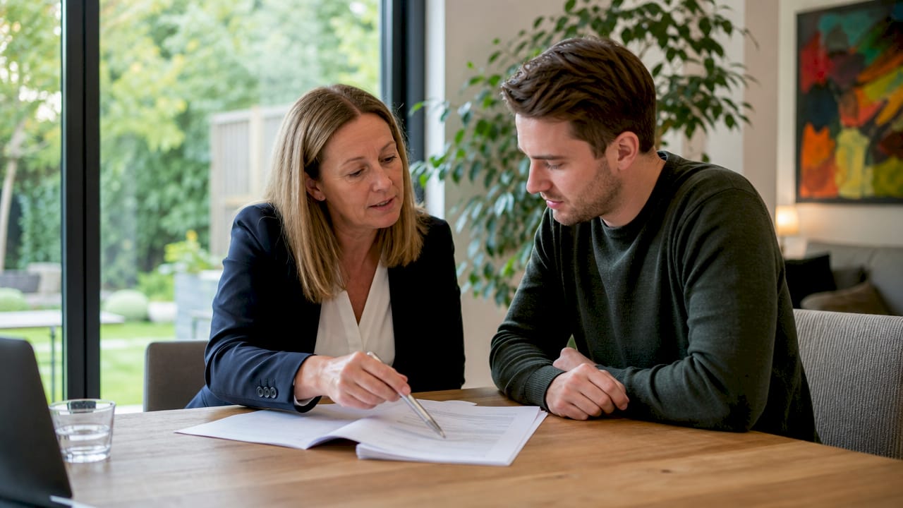 Een financieel adviseur geeft een huiseigenaar uitleg over het verhogen van de hypotheek.