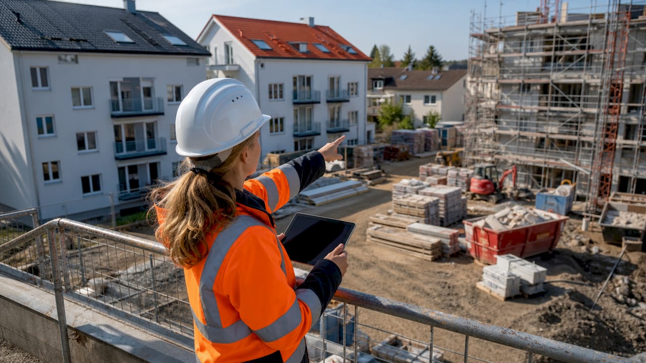 Een vrouw loopt buiten en bekijkt hoe de renovatie vordert in verschillende fases.