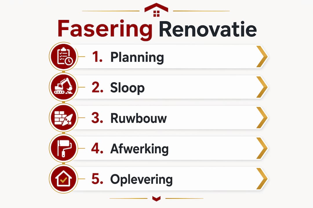 Overzichtelijke infographic met de vijf belangrijkste stappen van een renovatie