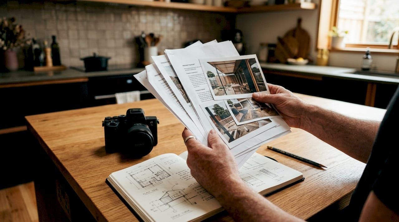 Detailopname van handen die bezig zijn met renovatiepapieren en foto’s