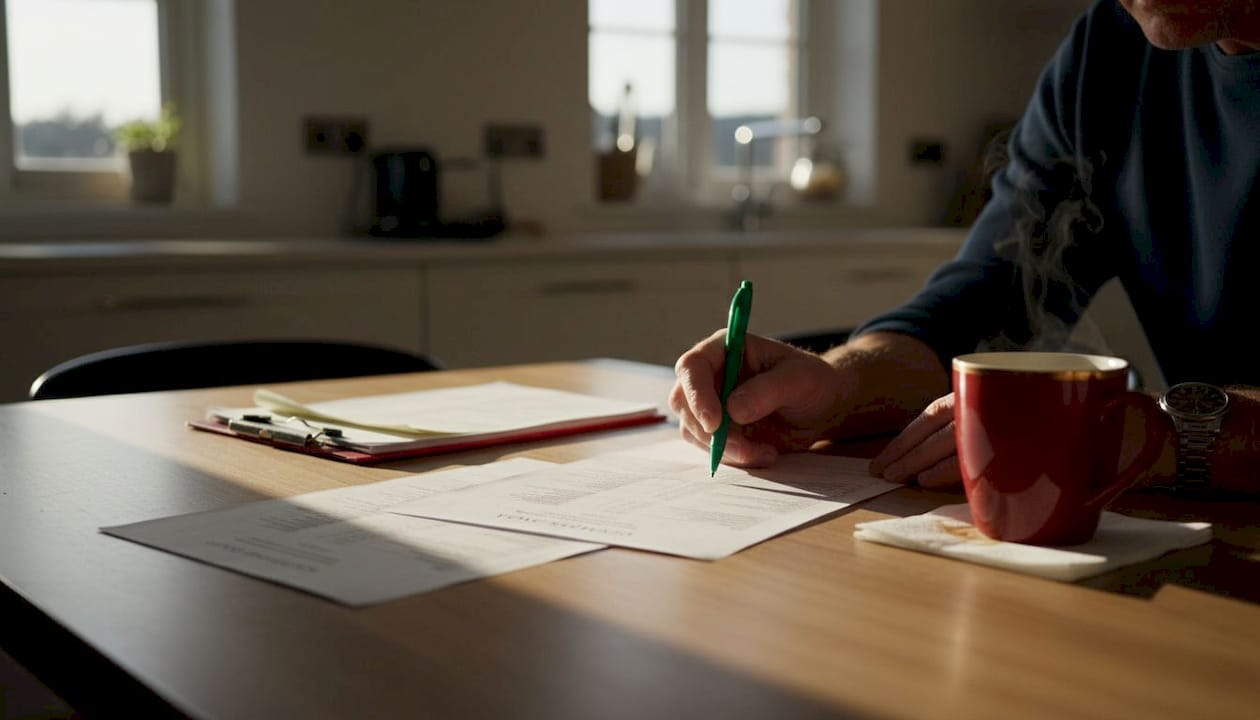 Handen die punten afvinken op een bouwplanning-checklist op het bureau