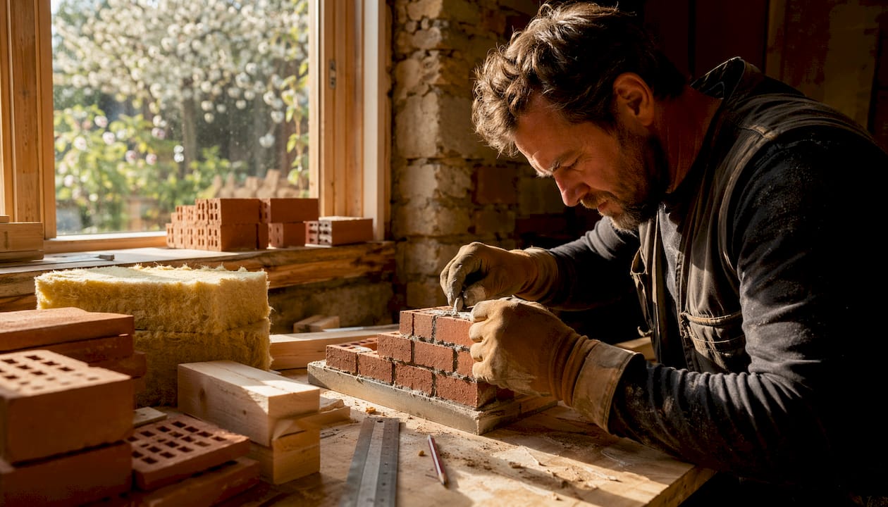 Twee handen werken aan een maquette van een aanbouw voor een huis.