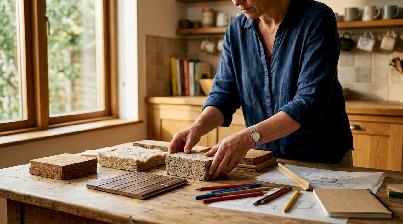 Handen die biobased bouwmaterialen netjes op hun plek leggen