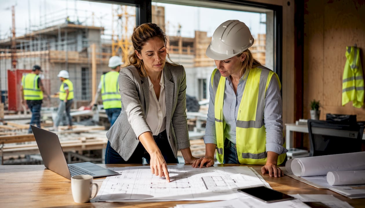 De architect en projectmanager stemmen samen de voortgang af op de bouwplaats.