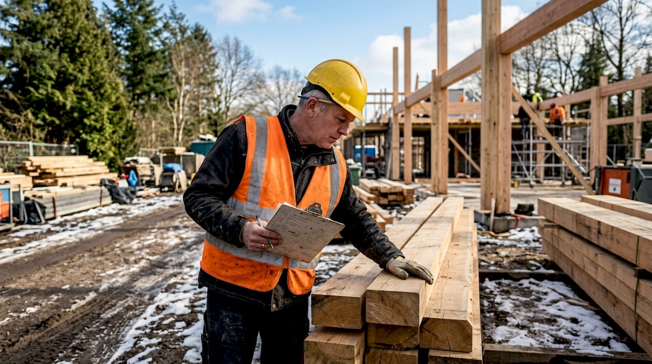 De uitvoerder controleert het hout op de bouwplaats.