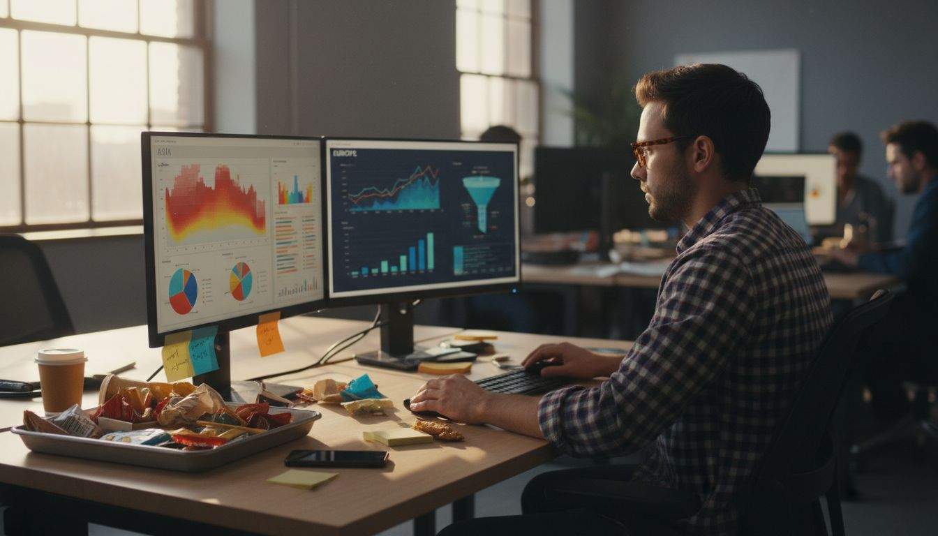 Analyst reviewing regional acquisition data at desk