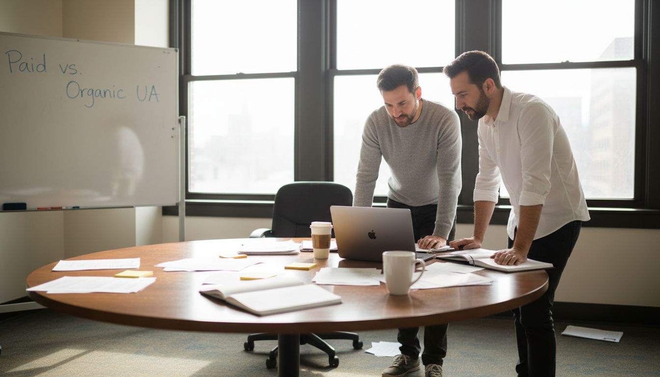 Team reviewing paid and organic UA strategies