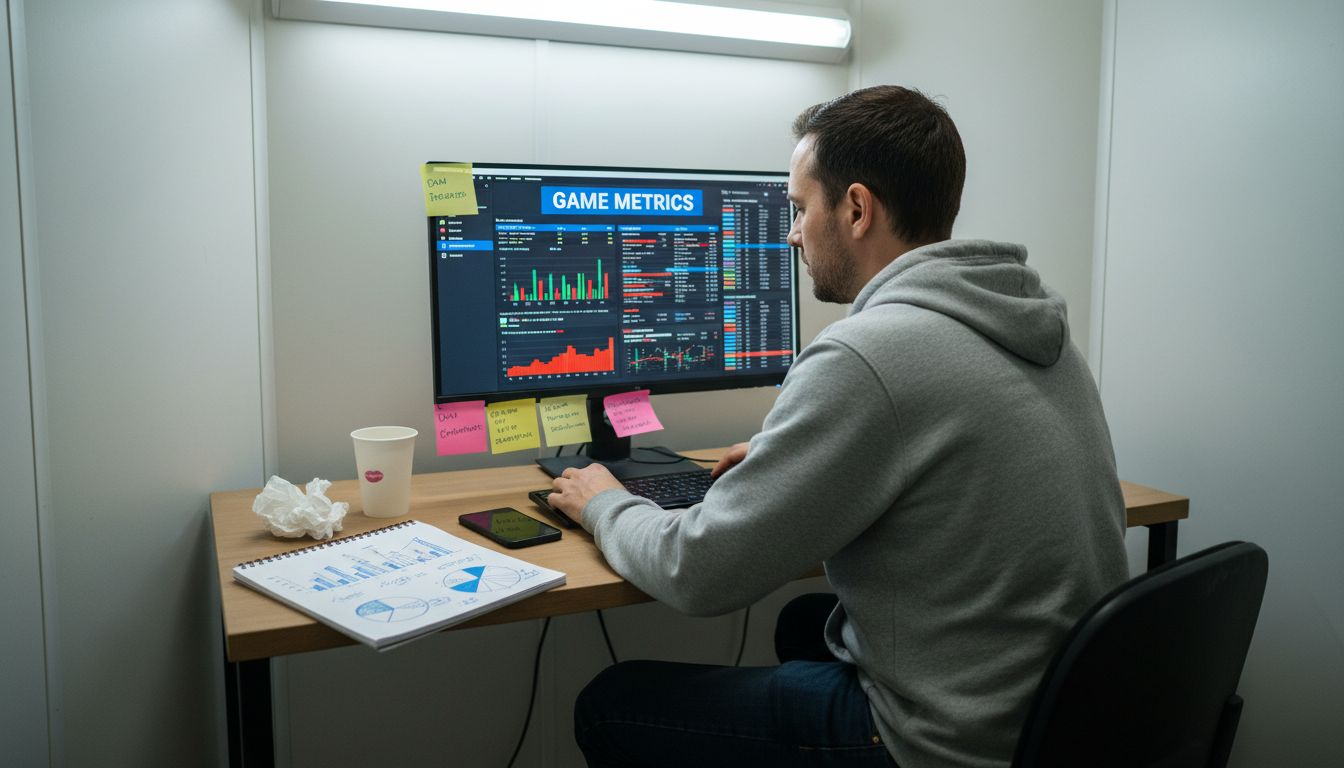 Marketer reviewing analytics dashboard at messy desk