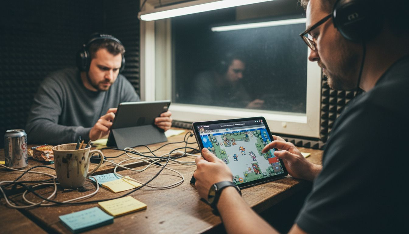 Testers running mobile game in studio lab