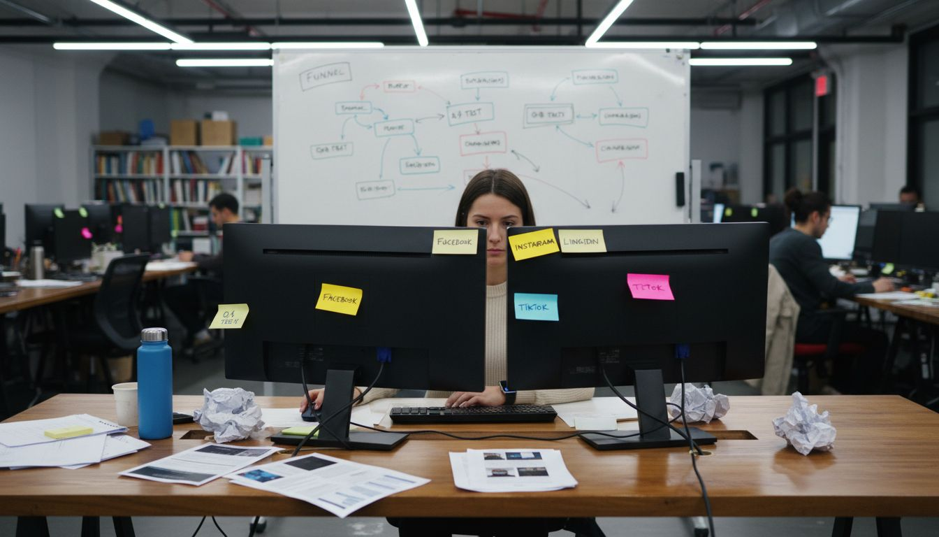 Marketer manages multi-channel campaign at desk