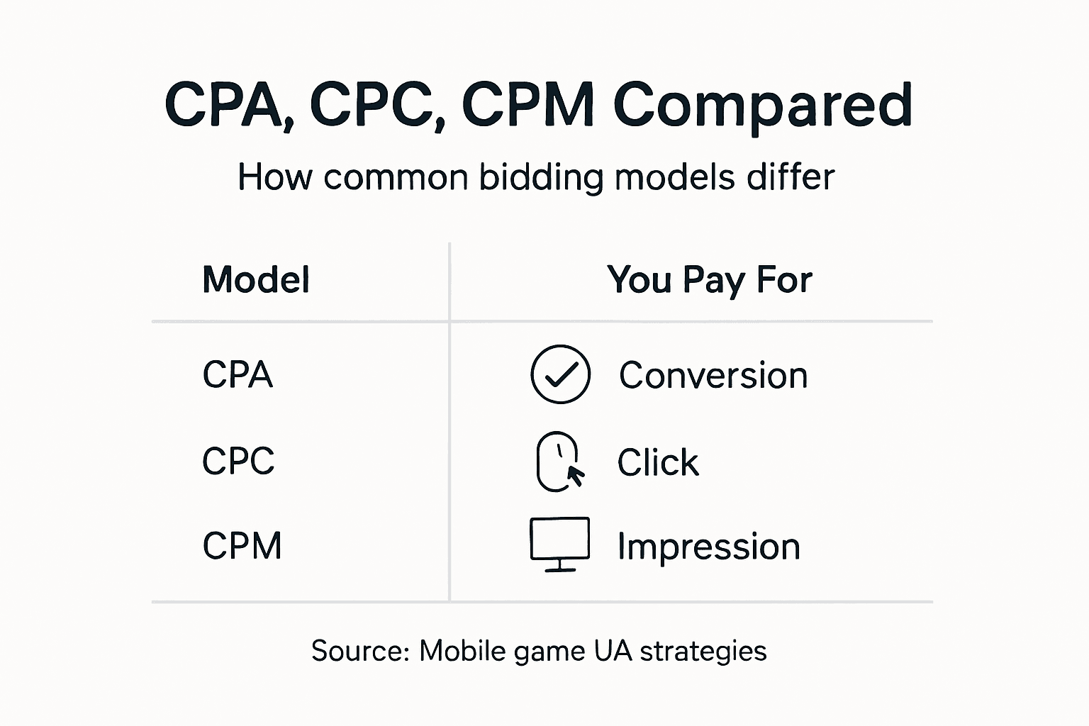 Infographic comparing CPM, CPC, and CPA models
