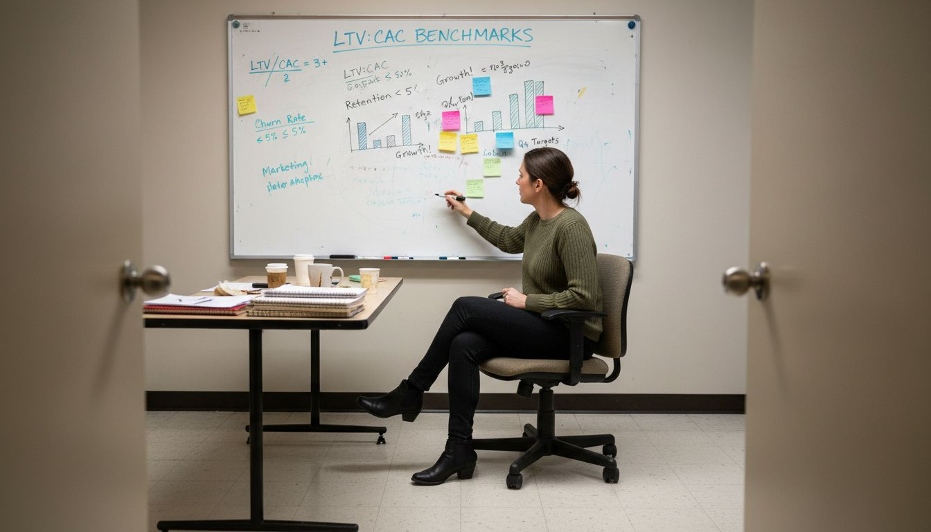 Manager calculating LTV CAC ratio benchmarks