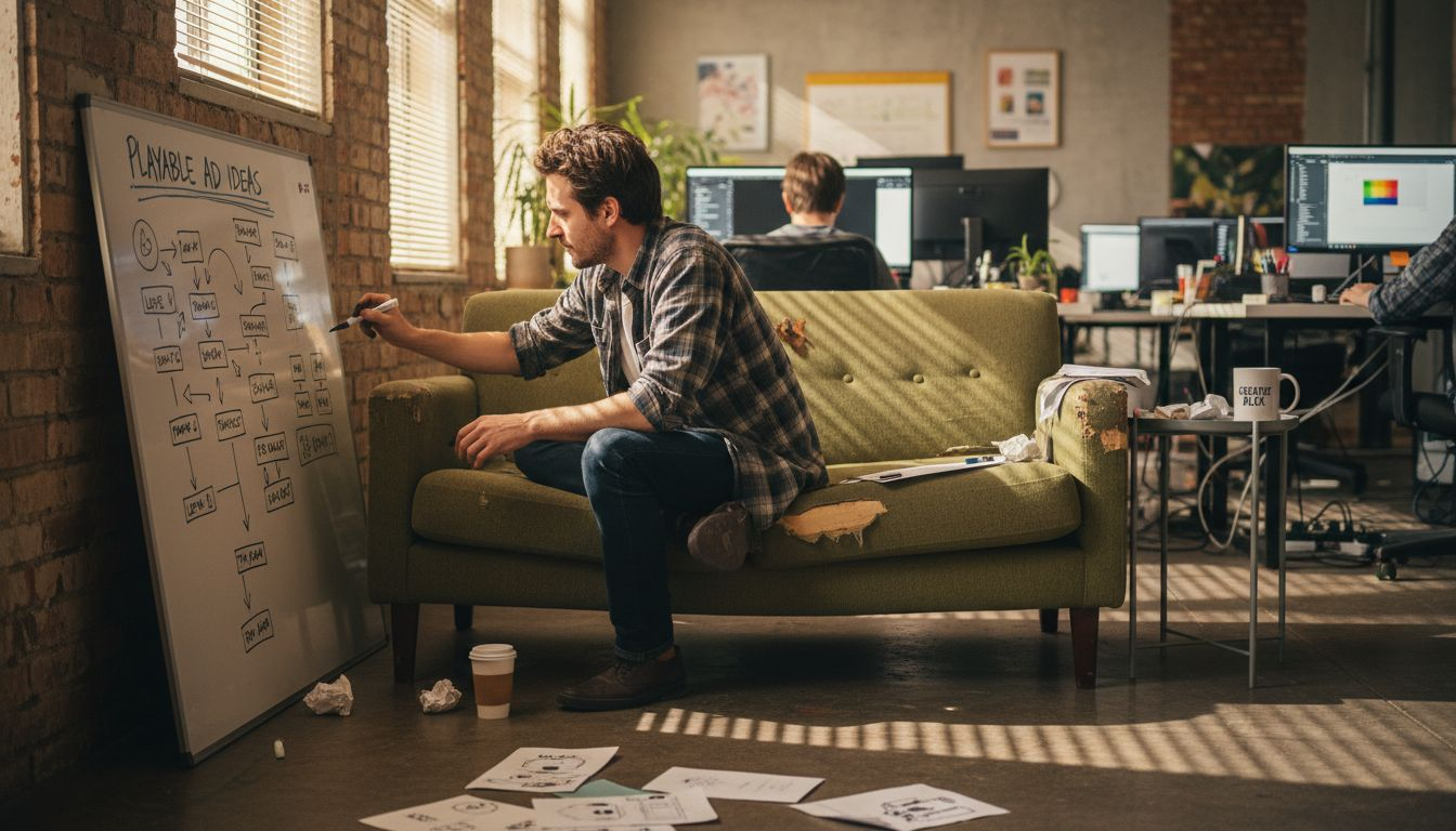 Designer sketching playable ad concepts in studio