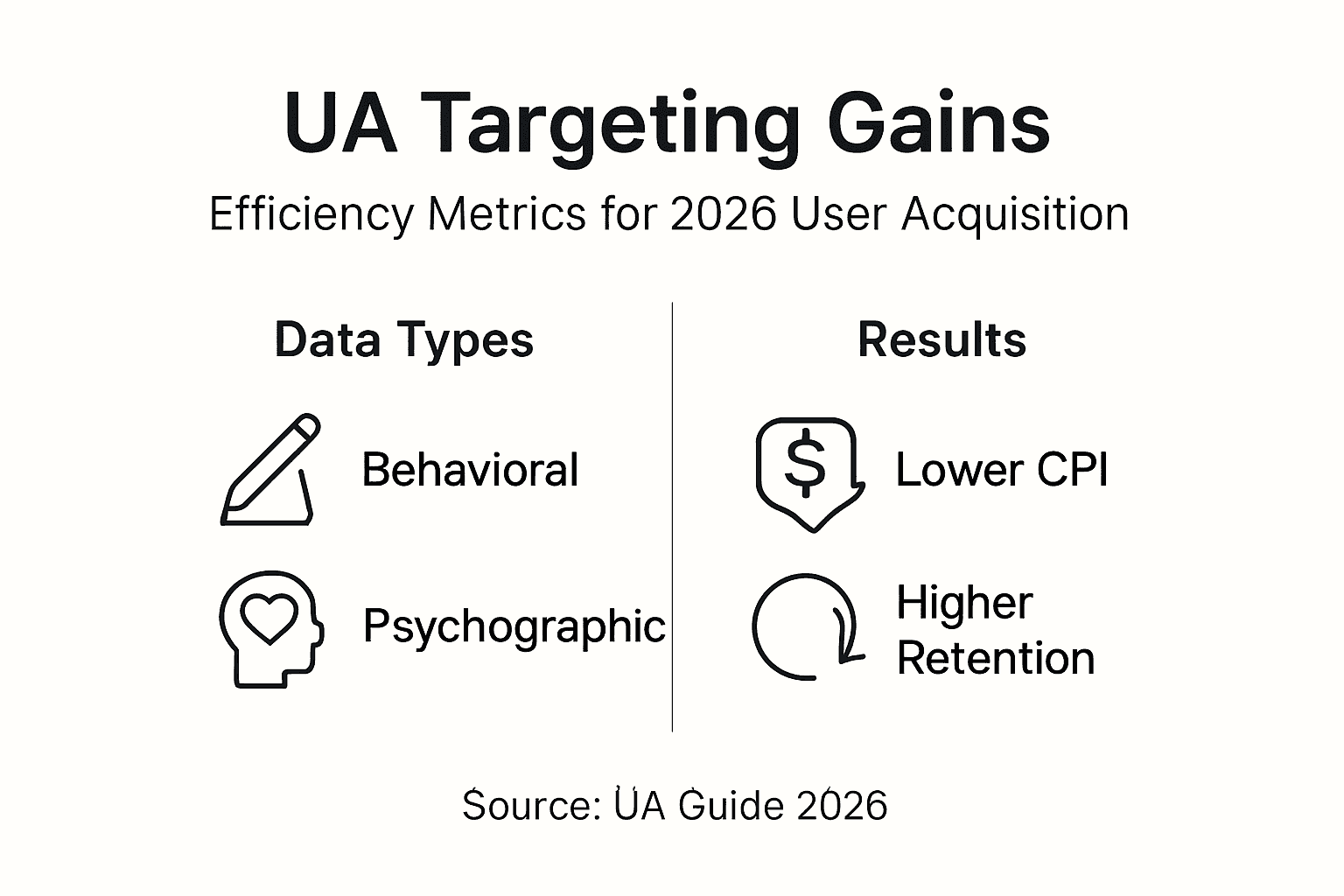 Infographic summarizing UA efficiency metrics and data types