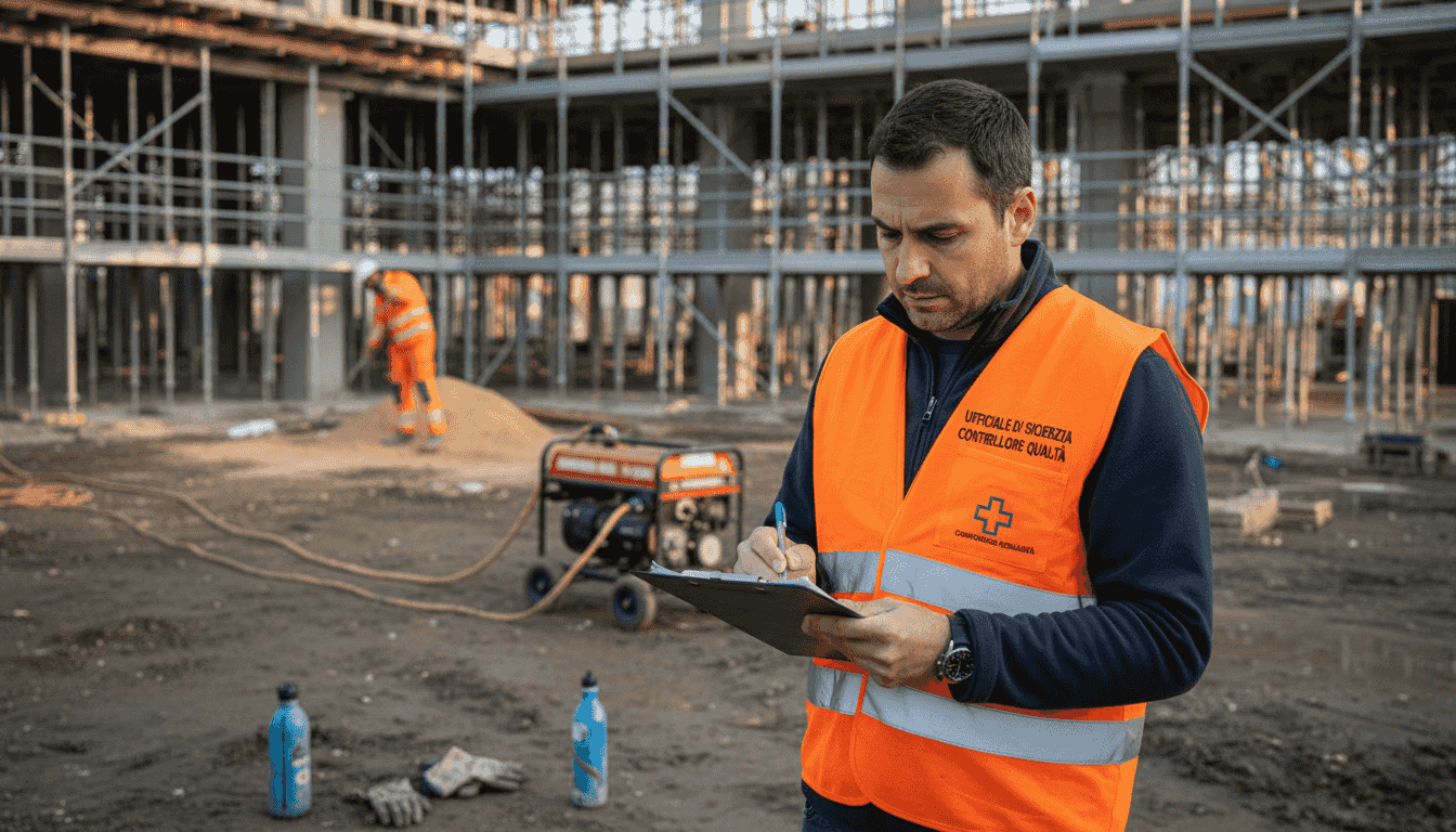 Il responsabile della sicurezza effettua un sopralluogo in cantiere per verificare il rispetto delle norme e garantire un ambiente di lavoro sicuro.