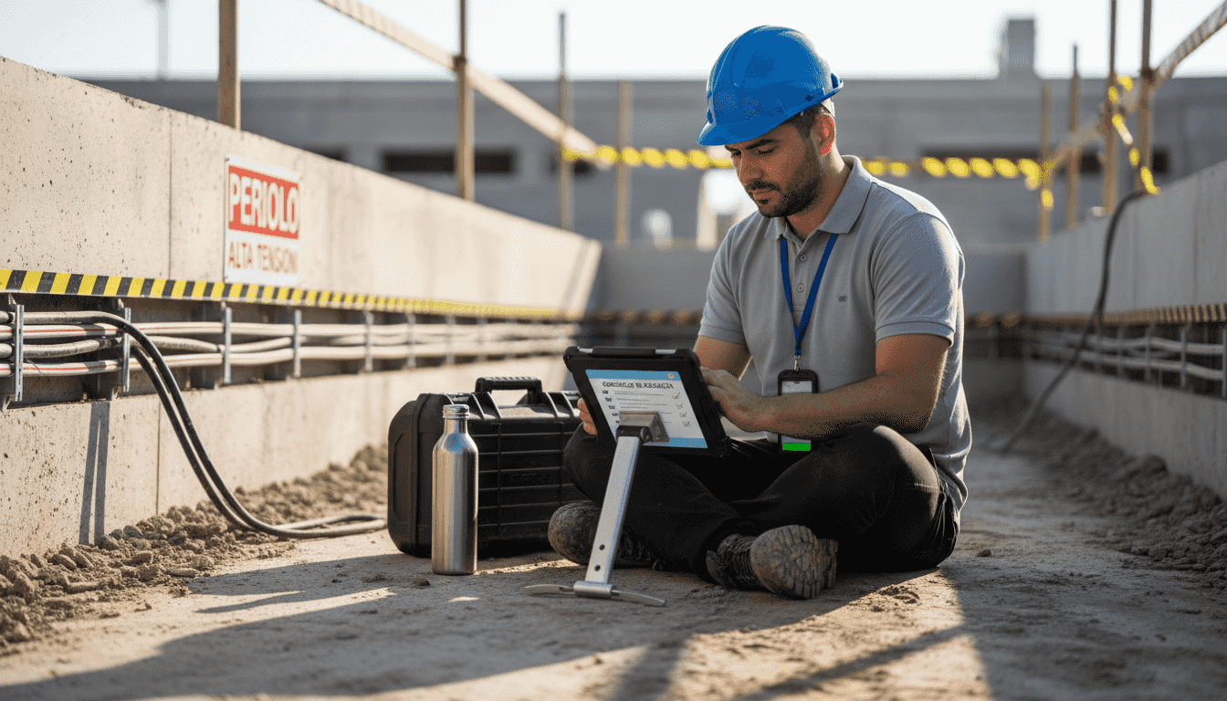 Un tecnico gestisce le attività in cantiere utilizzando tablet e badge digitale per il controllo degli accessi.