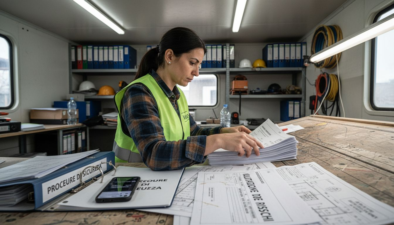 Una donna esamina documenti relativi alla sicurezza all'interno di una roulotte di cantiere.