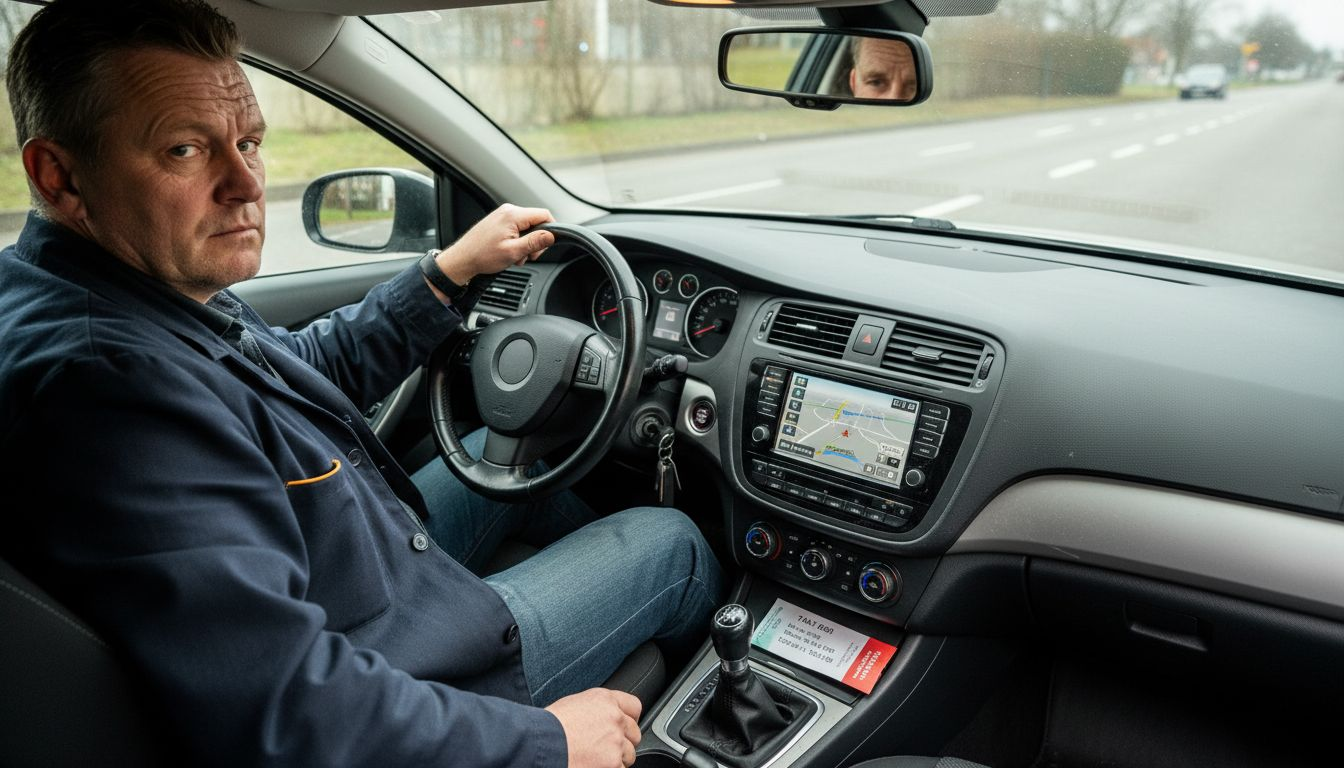 De taxichauffeur checkt de route op zijn navigatie voordat hij wegrijdt.