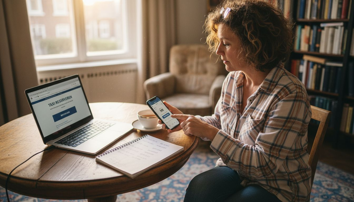 Vrouw vergelijkt thuis verschillende taxi-aanbieders