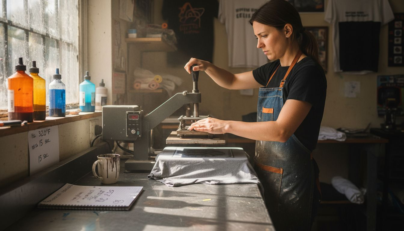 Woman curing DTF transfer on cotton shirt