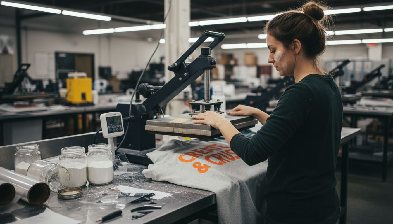 Woman applying DTF transfer using heat press