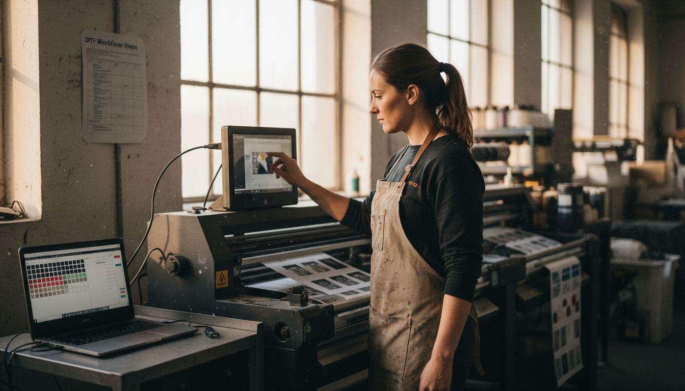 Operator calibrating DTF printer workflow