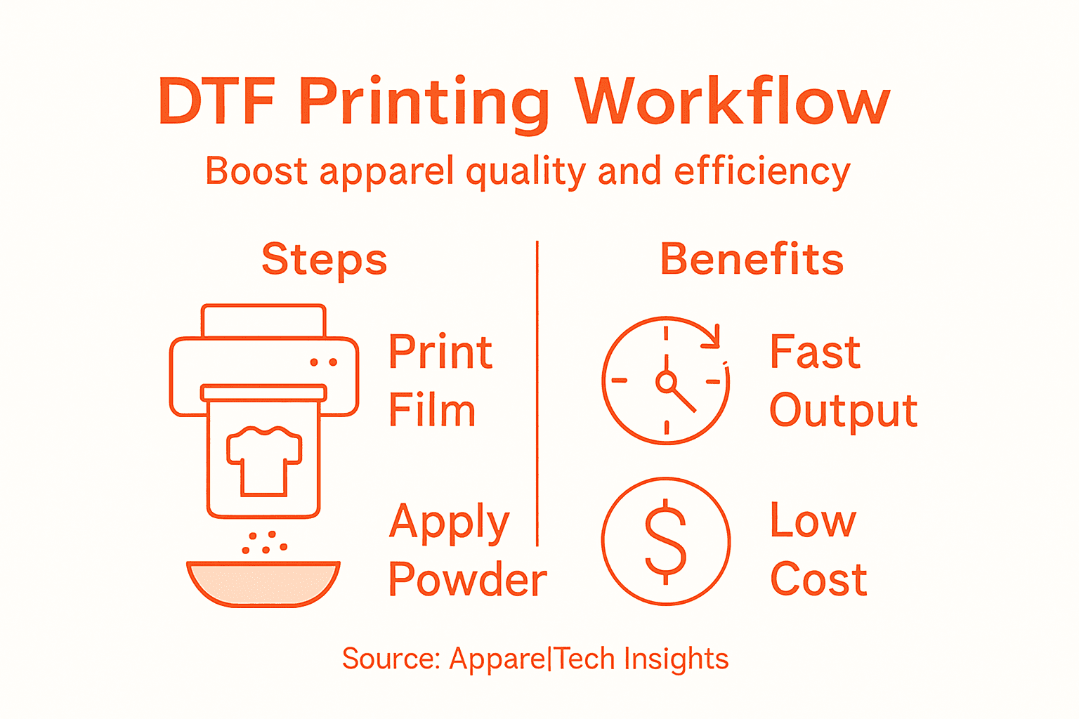 Infographic showing DTF workflow and benefits