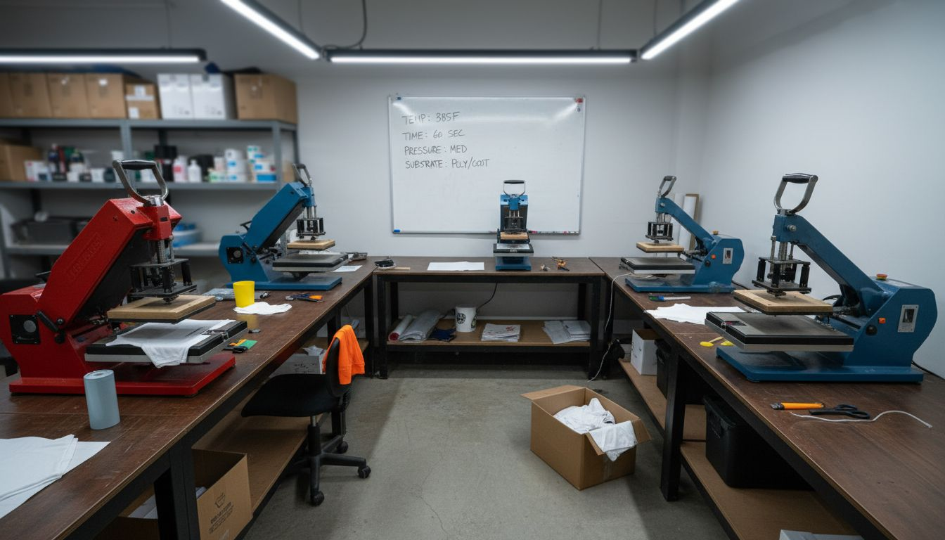 Different heat press machines in print room