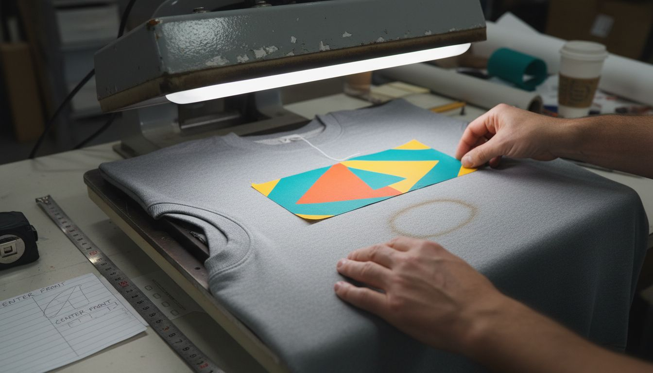 Hands aligning heat transfer on sweatshirt