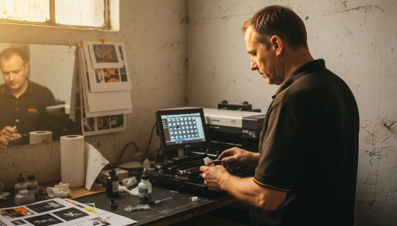 Operator performing nozzle check on DTF printer