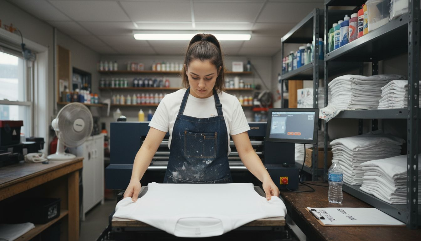 Worker operating direct to garment printer