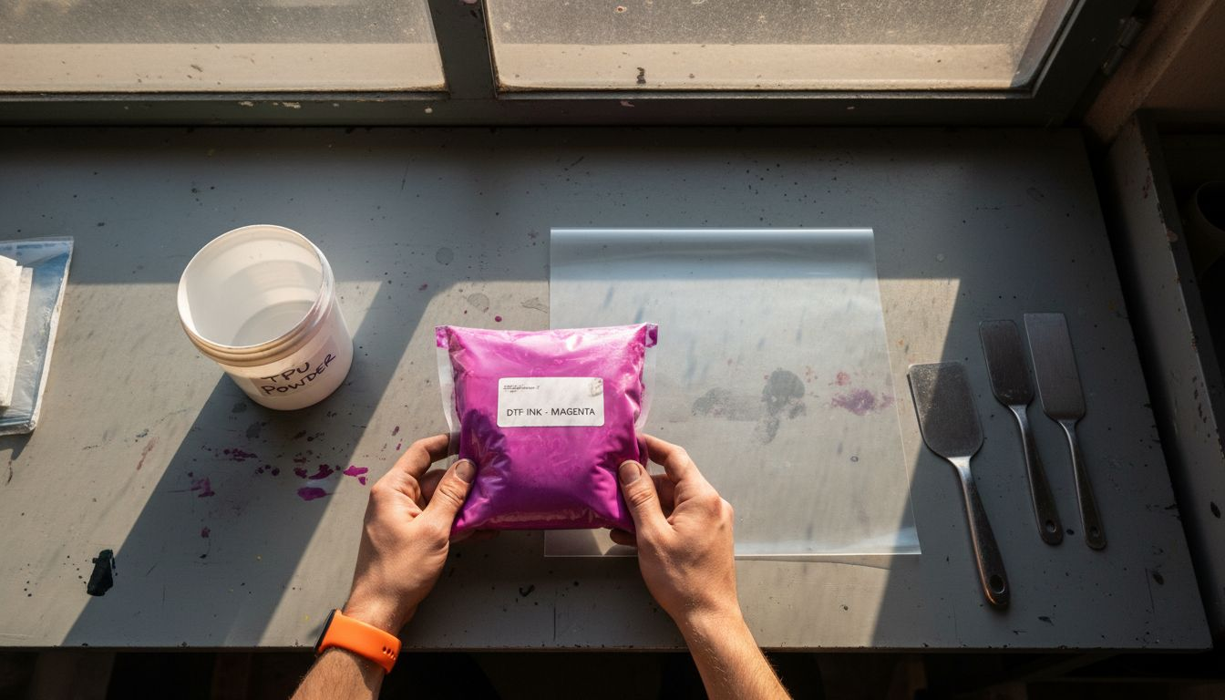 DTF inks, films, powder on printmaker’s table