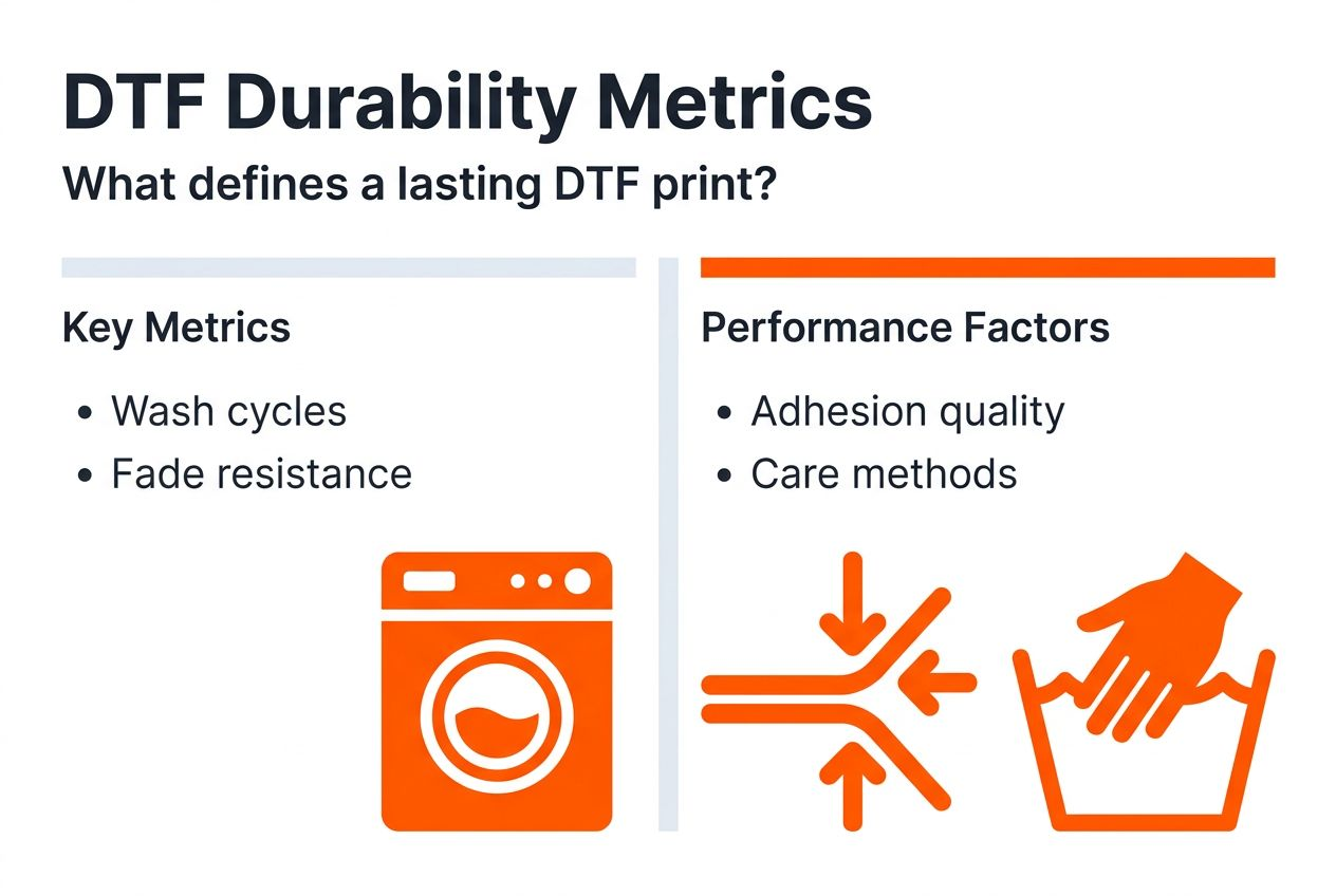 Infographic with DTF durability key metrics and factors