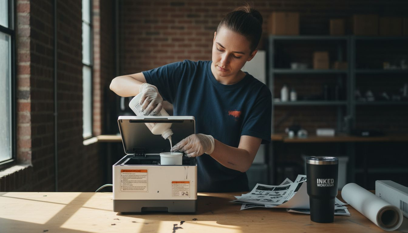 Operator refilling white ink DTF print station