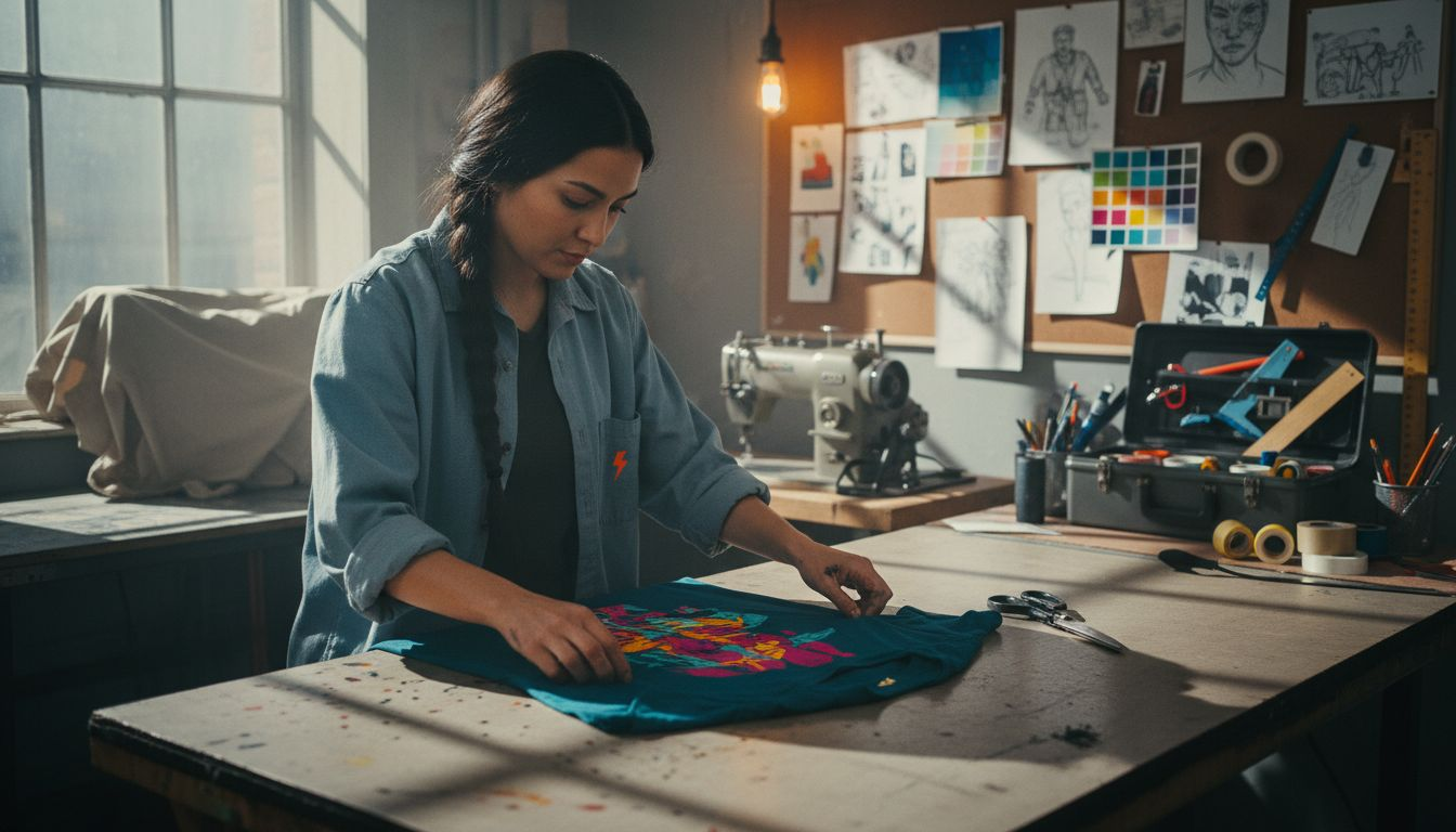Designer arranging colorful printed t-shirts in studio