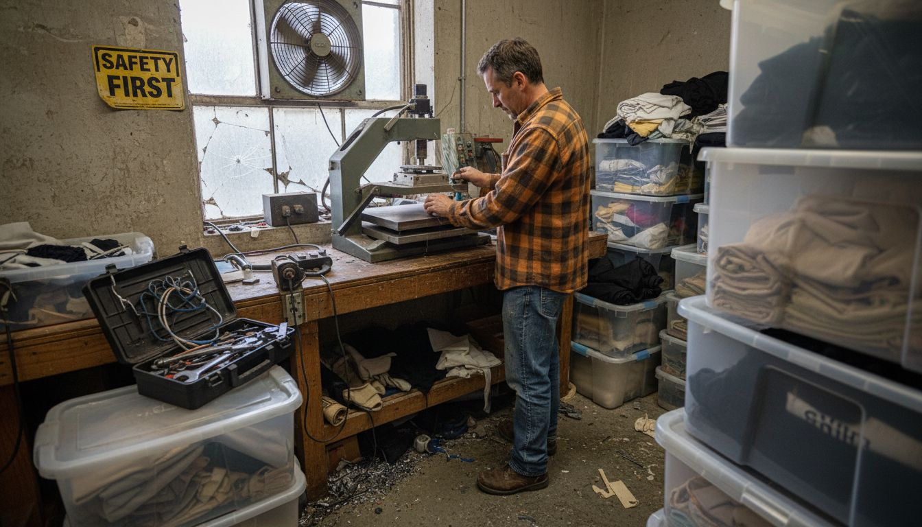Man preparing heat press in garage workspace