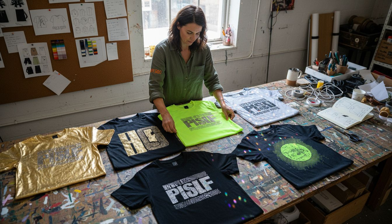 Various specialty DTF transfer shirts on table
