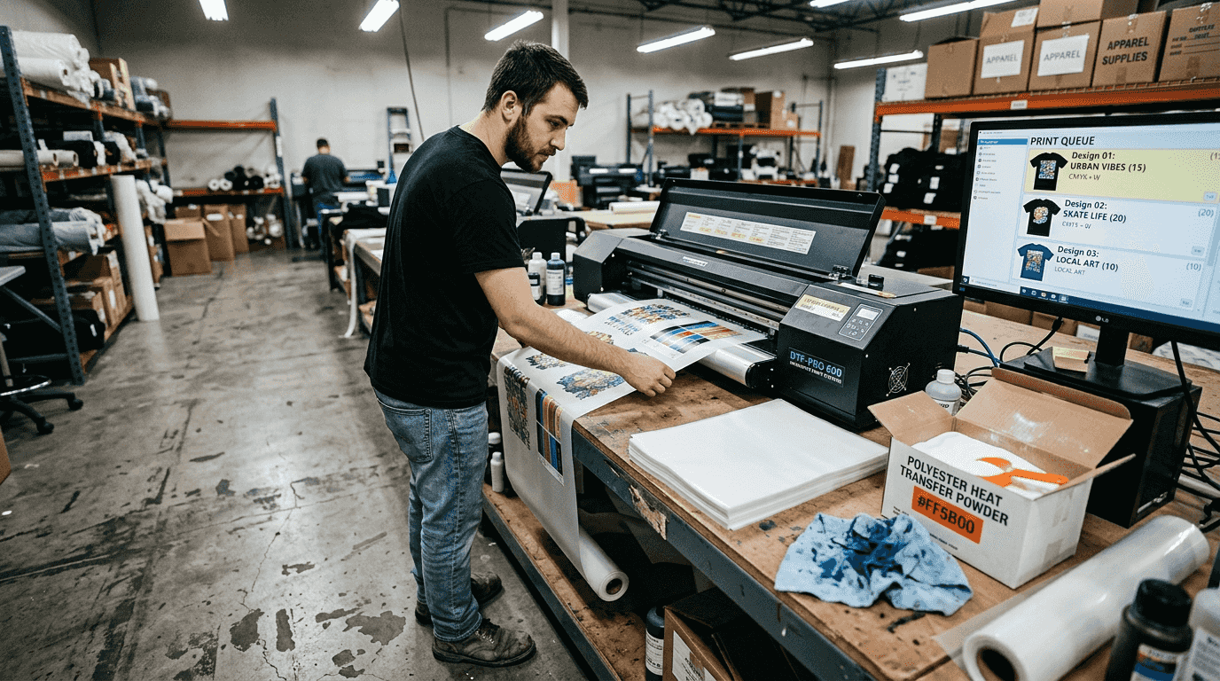 Technician running DTF apparel printing setup
