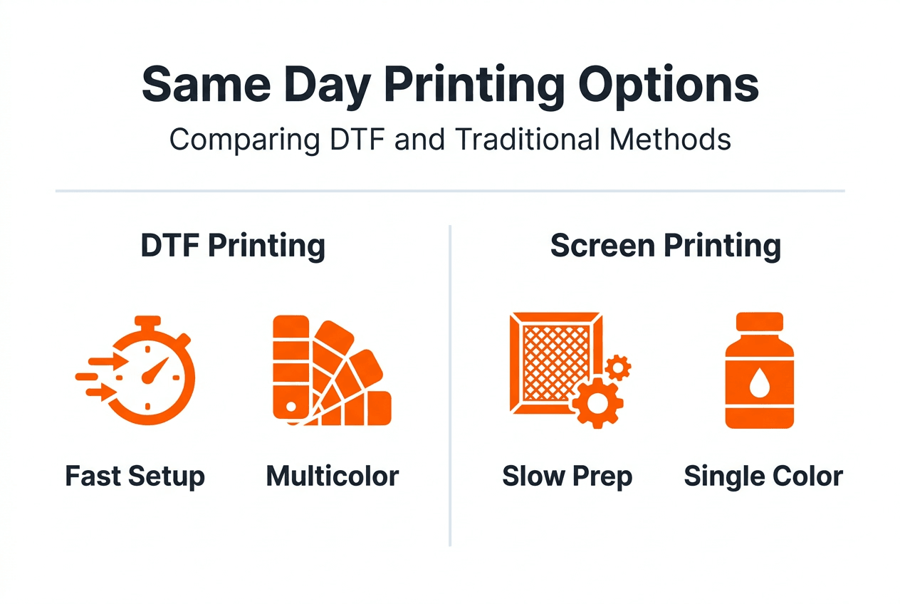 Infographic comparing DTF and screen printing
