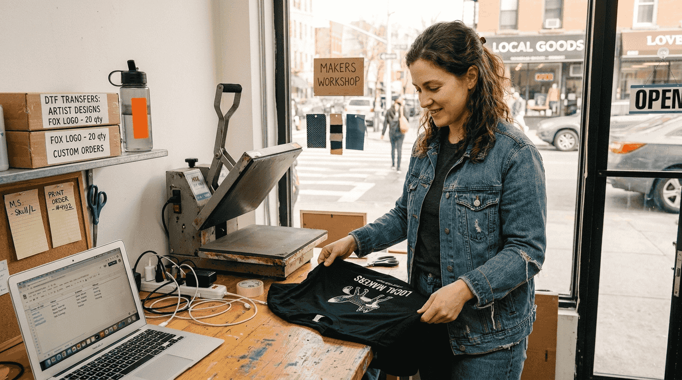 Owner inspects printed shirt beside heat press