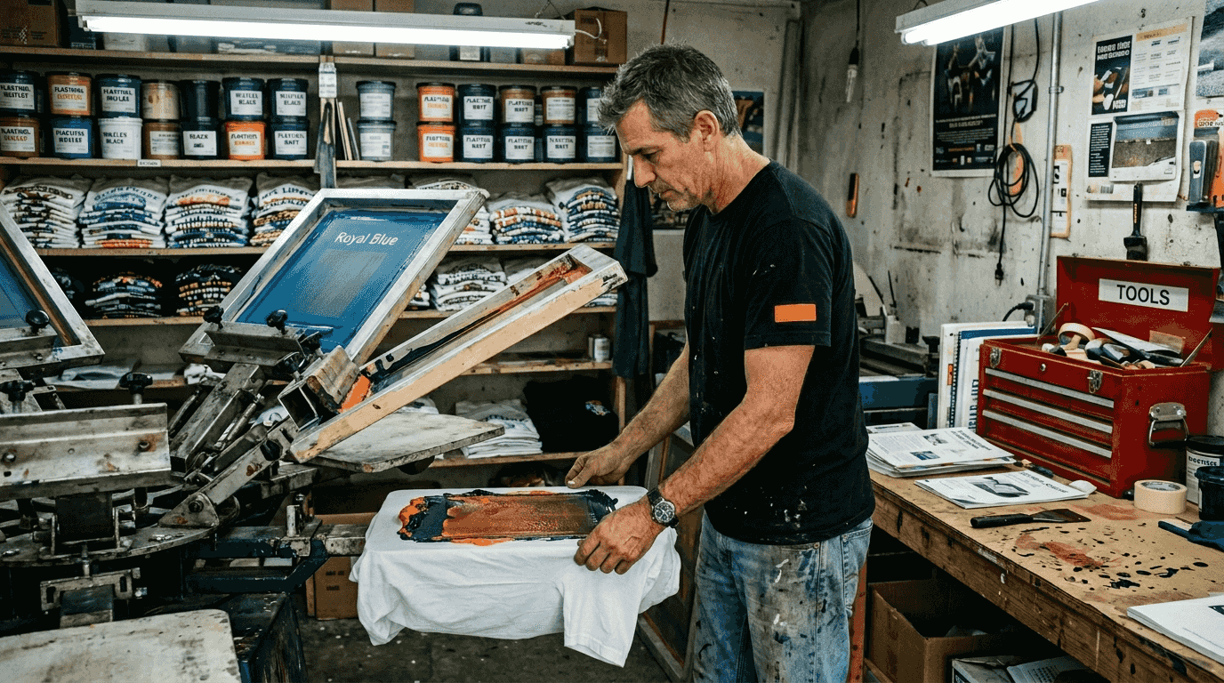 Technician prepping screen print on cotton shirt