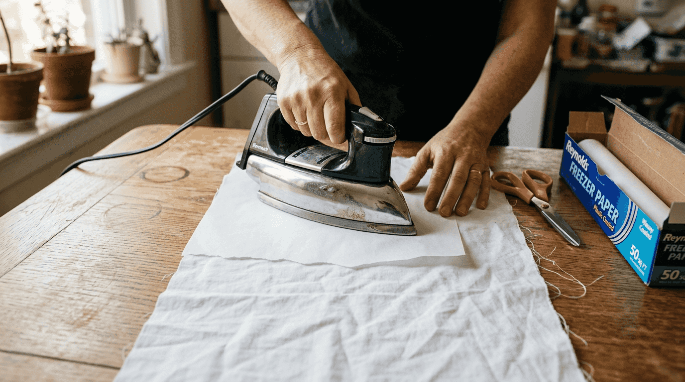 Hands ironing freezer paper onto fabric